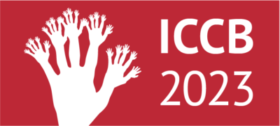Logo of ICCB 2023: white hand with growing new hands out of fingers on red background